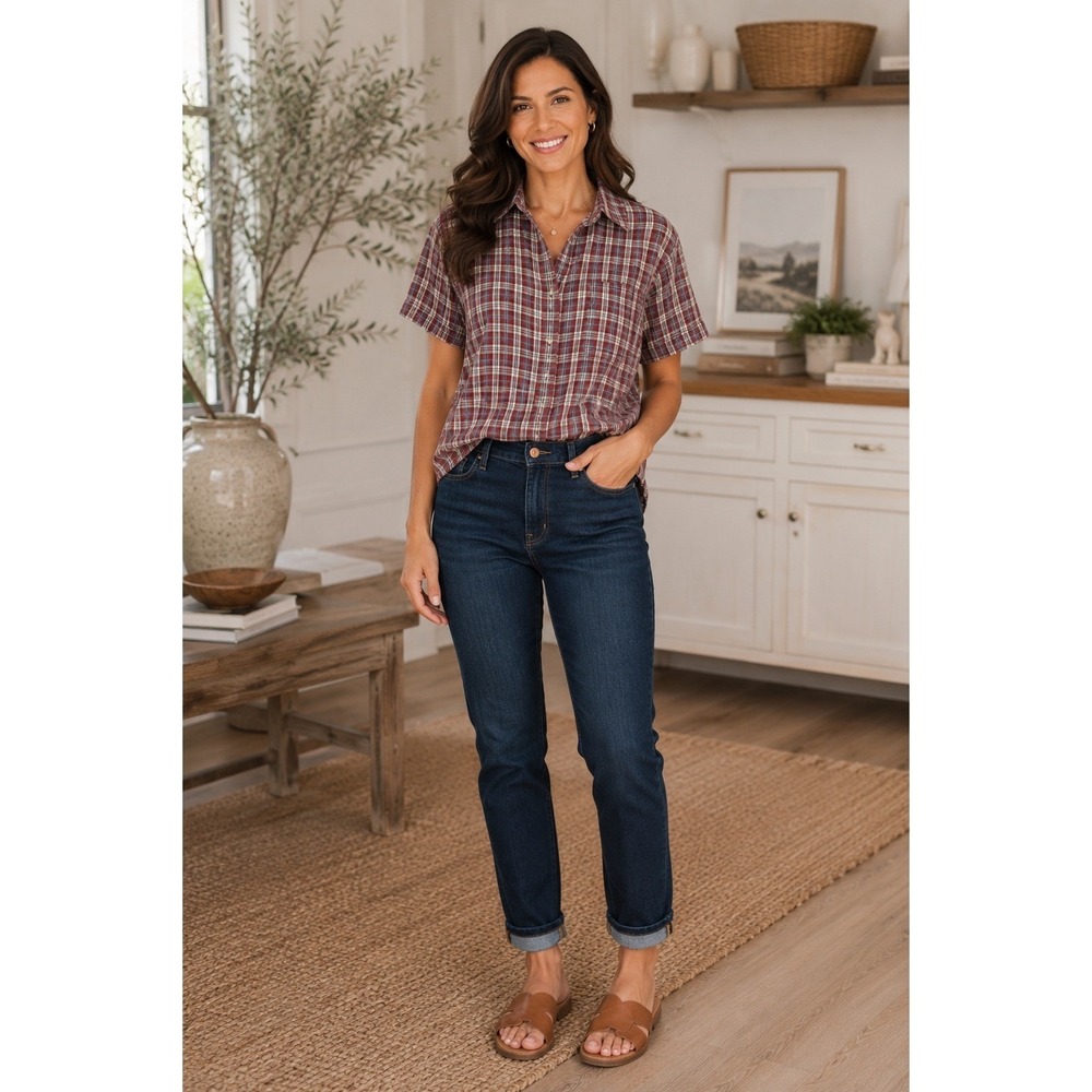J.Crew Plaid Button Front Shirt Women's Medium Red Blue Short Sleeve‎ Cotton